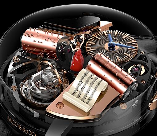 The barrels , piano, cylinders and blue hands all present the extraordinary craftsmanship of the watch.
