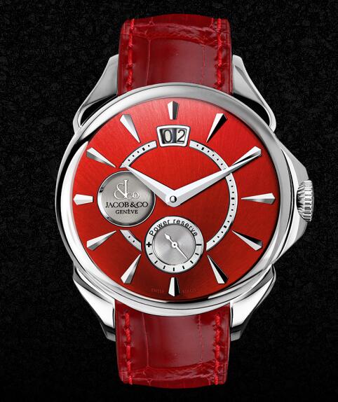 The power reserve indication has been set at 6 o'clock while the big date window has been set at 12 o'clock.