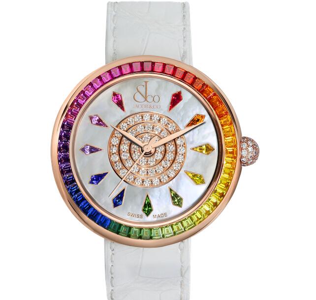 The sapphires on the bezel present the hue of charming rainbow.
