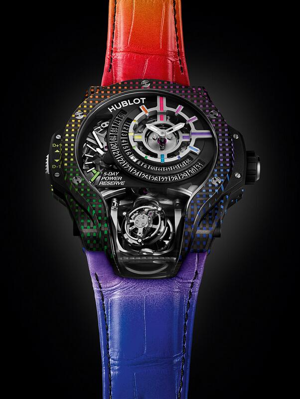 2022 Best Quality Fake Hublot MP-09 Tourbillon Bi-Axis 5-Day Power Reserve Rainbow 3D Carbon Watches: The Color Does The Talking