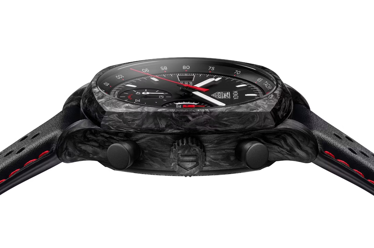 Side profile of the original Monza showing the carbon case thickness and chronograph pushers