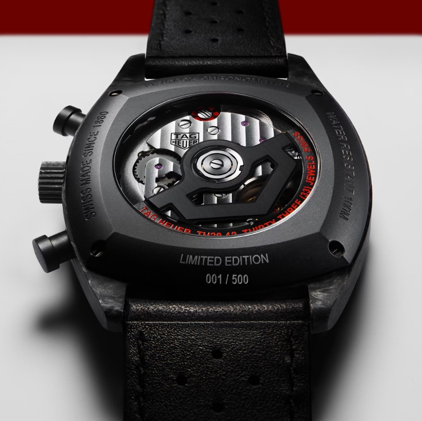 Original TAG Heuer Monza Carbon caseback showing its movement and limited edition engraving