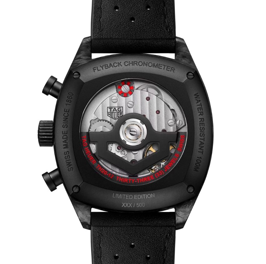 Rear view of the original TAG Heuer Monza Flyback movement and black strap